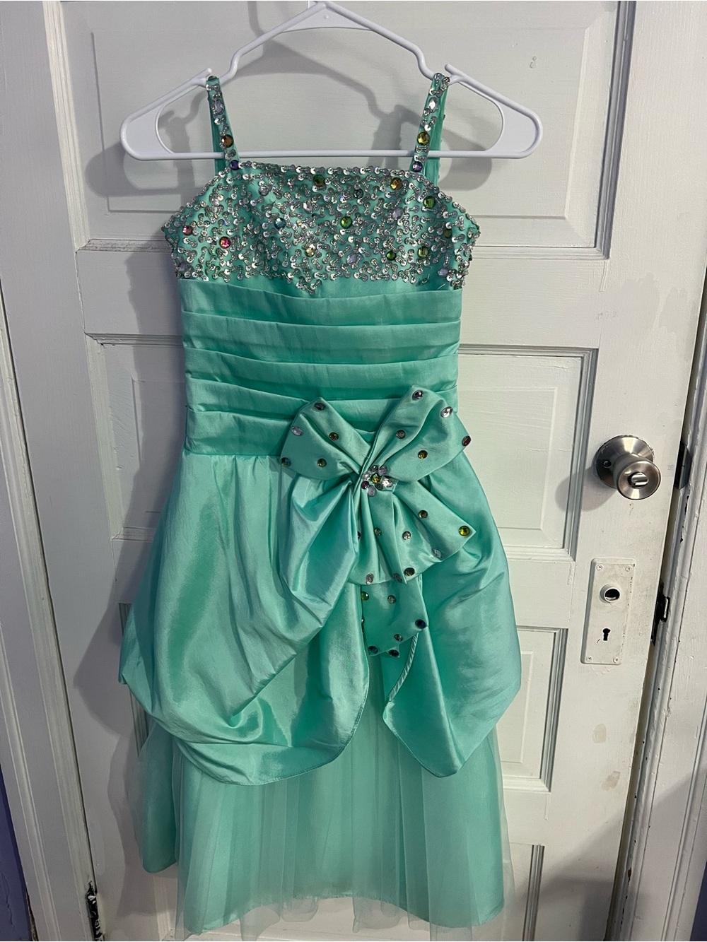 Girls' Aqua Embellished Pageant Dress with Bow